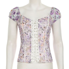 Lace up flower print puff sleeve v neck top