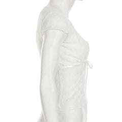 Lace cap sleeve v neck self tie solid top