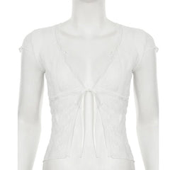 Lace cap sleeve v neck self tie solid top