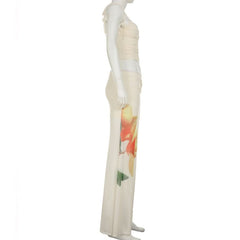 Ruched v neck mesh print self tie cami top