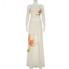 Slit ruched mesh print irregular maxi skirt