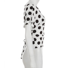 Short sleeve polka dot self tie contrast top