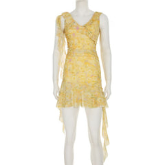 Mesh ruffle v neck print irregular mini dress