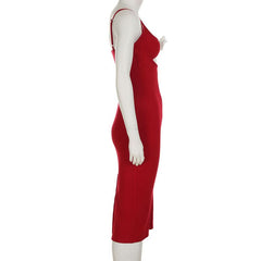 Ribbed slit flower applique cami midi dress