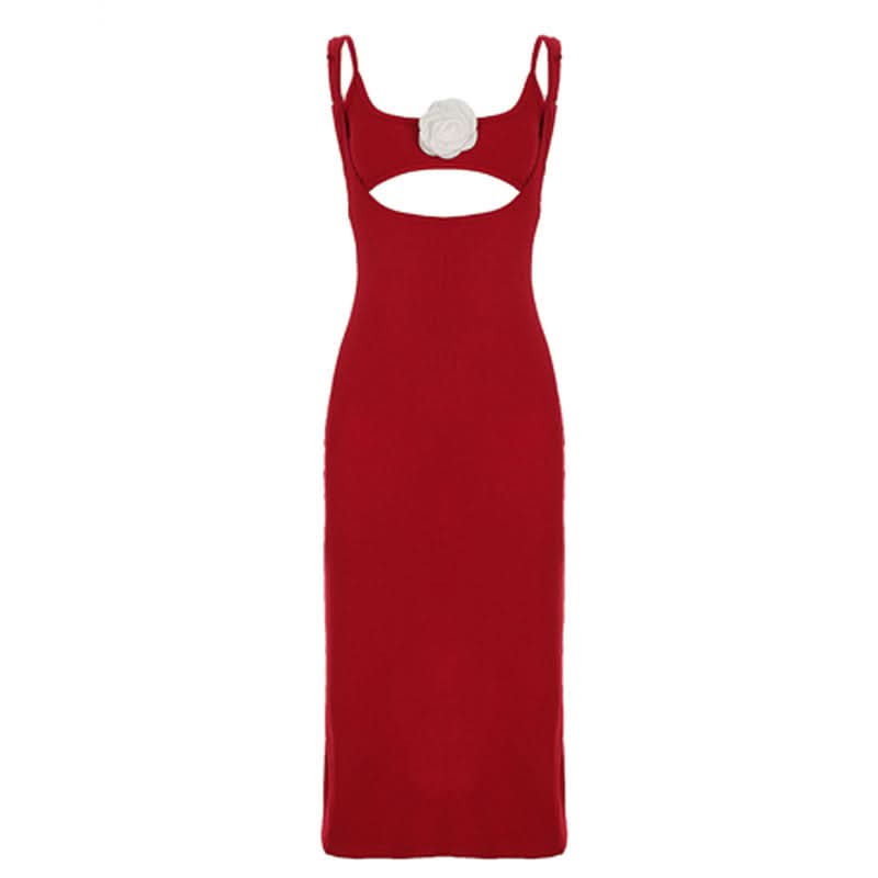 Ribbed slit flower applique cami midi dress