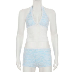 Lace v neck halter self tie low rise pant set