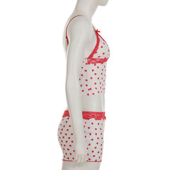 Lace hem v neck bowknot heart print cami pant set