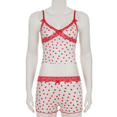 Lace hem v neck bowknot heart print cami pant set