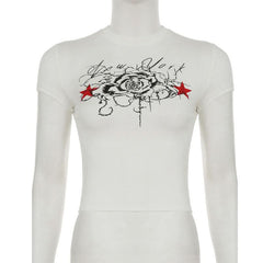Crewneck short sleeve rose print contrast top