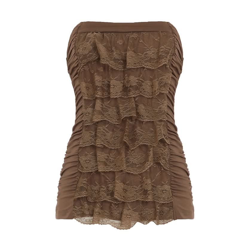 Ruched lace hem backless tube top