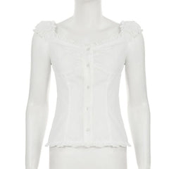 Ruffle button striped puff sleeve ruched top