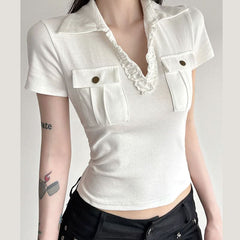Ruffle turnover collar short sleeve pocket top