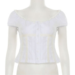 Short sleeve button ruched round neck top