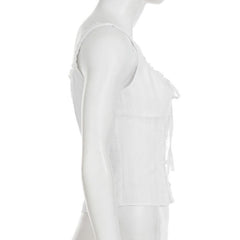 Lace hem self tie button u neck tank top