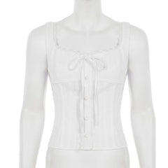 Lace hem self tie button u neck tank top