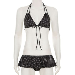 Ruffle self tie halter v neck polka dot pant set