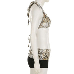 Halter self tie v neck print low rise pant set