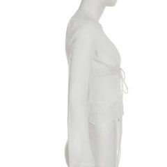 Long sleeve lace hem v neck self tie top