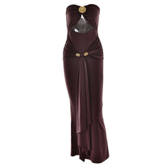 Hollow out ruched slit solid tube cut out maxi dress