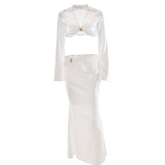 Satin long sleeve v neck maxi skirt set