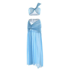 One shoulder ruched slit mesh maxi skirt set
