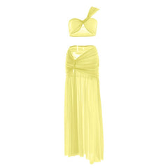 One shoulder ruched slit mesh maxi skirt set
