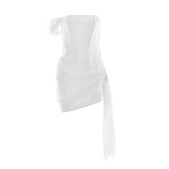 Ruched irregular satin backless tube mini dress