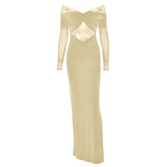 Long sleeve hollow out ruched mesh cut out maxi dress
