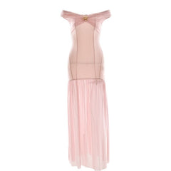 Off shoulder mesh metal applique maxi dress
