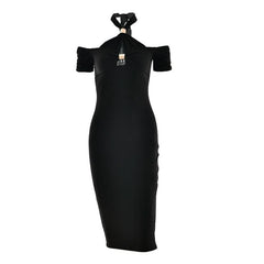 Halter hollow out self tie solid cut out midi dress