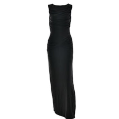 Ruched sleeveless hollow out button slit cut out maxi dress
