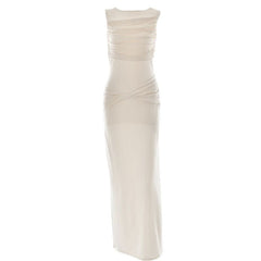 Ruched sleeveless hollow out button slit cut out maxi dress