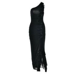 One shoulder ruffle slit mesh maxi dress