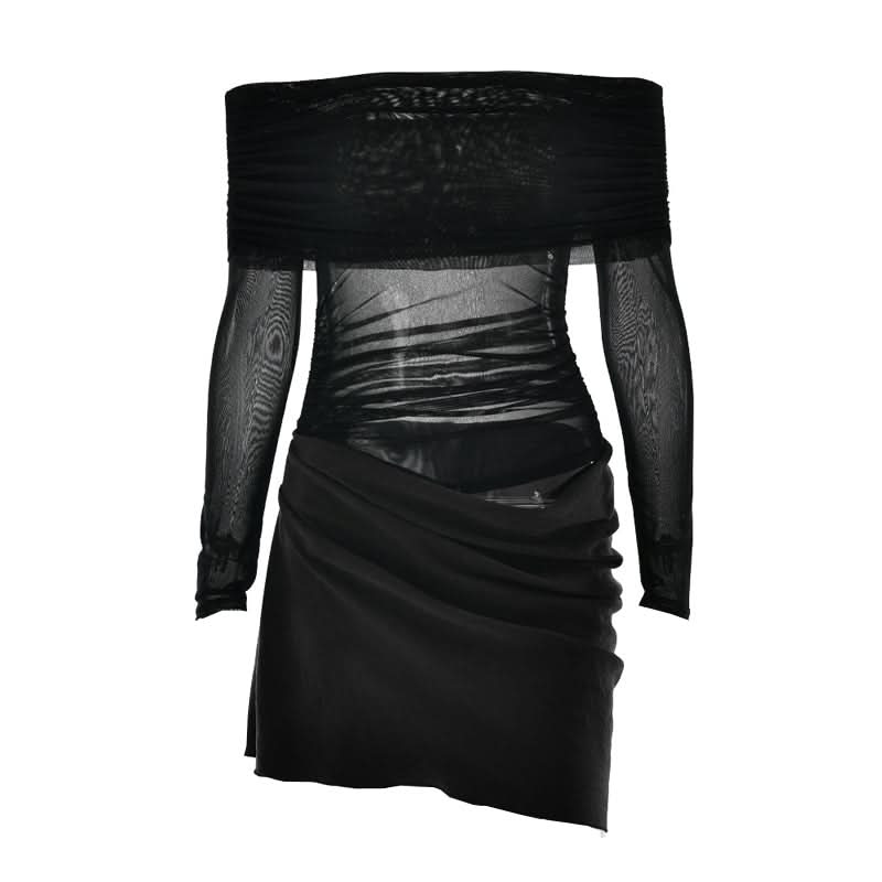 Off shoulder hollow out mesh patchwork cut out mini dress
