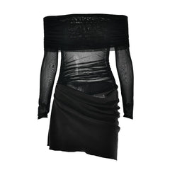 Off shoulder hollow out mesh patchwork cut out mini dress