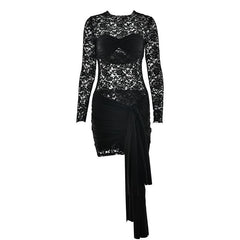 Long sleeve ruched lace knotted mini dress