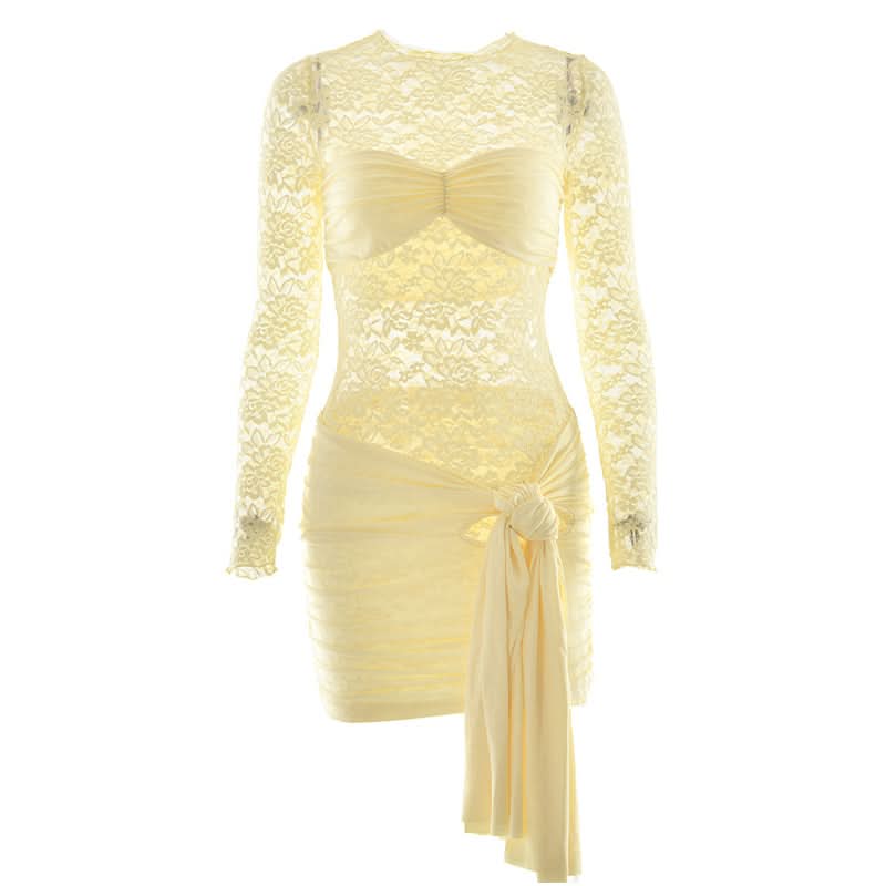 Long sleeve ruched lace knotted mini dress