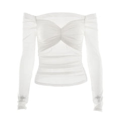 Long sleeve off shoulder mesh patchwork ruched mesh top