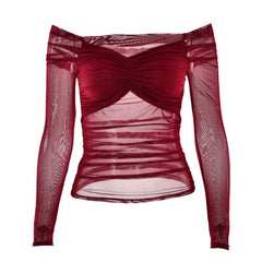 Long sleeve off shoulder mesh patchwork ruched mesh top