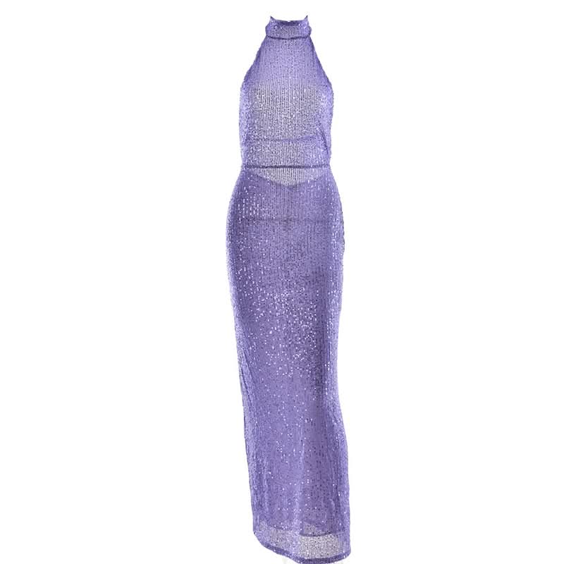 Glitter backless halter slit maxi dress