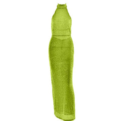 Glitter backless halter slit maxi dress