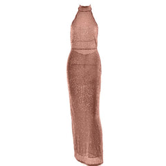 Glitter backless halter slit maxi dress