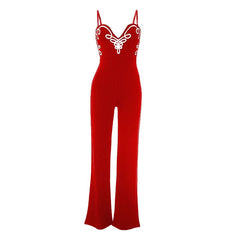V neck print zip-up backless cami jumpsuit