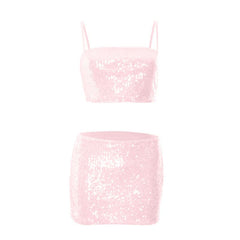Glitter square neck backless cami mini skirt set