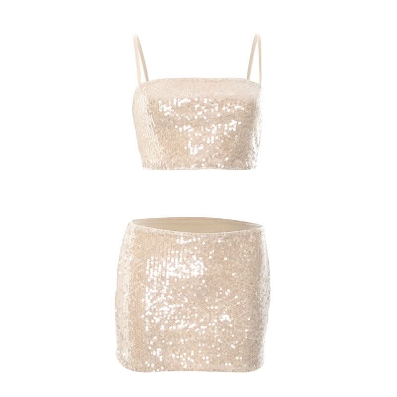 Glitter square neck backless cami mini skirt set