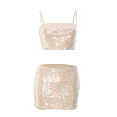 Glitter square neck backless cami mini skirt set