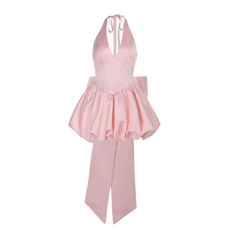 Halter self tie bowknot ruched v neck mini dress