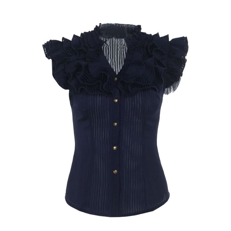 Ruffle textured v neck ruched blue top