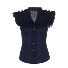Ruffle textured v neck ruched blue top