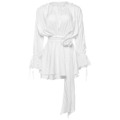 Long flared sleeve flower applique ruched ruffle mini dress